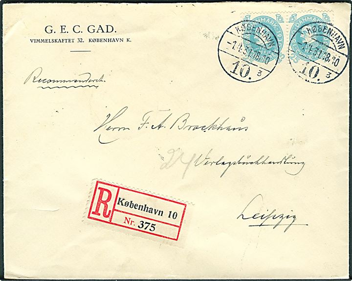 25 øre Chr. X 60 år i parstykke på anbefalet brev fra København d. 1.4.1931 til Leipzig, Tyskland.