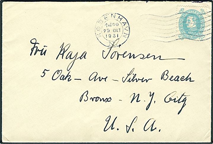 25 øre Chr. X 60 år på brev fra København d. 29.10.1931 til Bronx, USA.