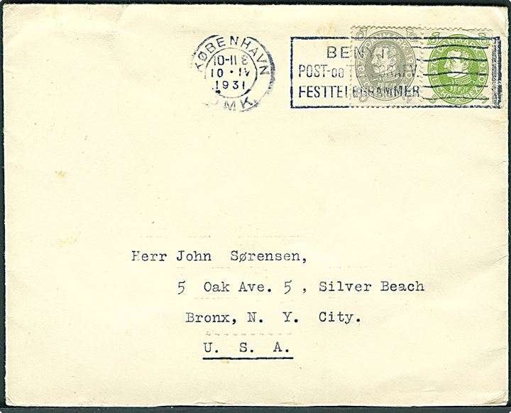 5 øre og 20 øre Chr. X 60 år på brev fra København d. 10.4.1931 til Bronx, USA.