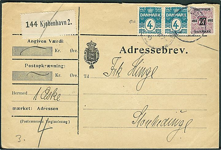 4 øre Bølgelinie i parstykke og 27/10 øre Provisorium på adressebrev for pakke fra Kjøbenhavn d. 10.9.1918 til Storehedinge.