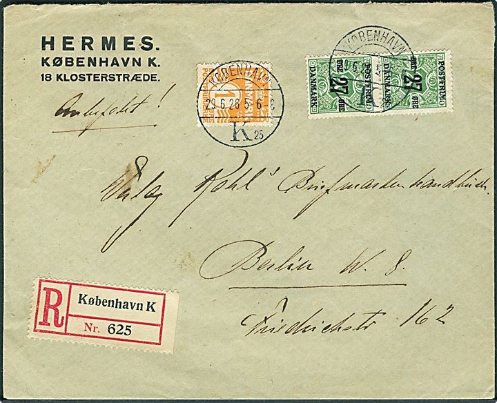 1 øre Bølgelinie og 27/20 øre Provisorium i parstykke på anbefalet brev fra København d. 29.6.1926 til Berlin, Tyskland.