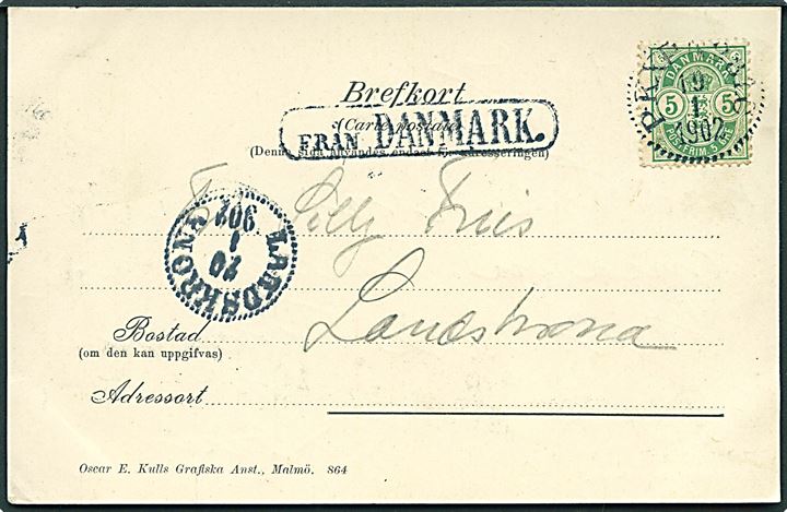 5 øre Våben på brevkort (Helsingborg) annulleret med svensk bureaustempel PKXP No. 81C d. 19.1.1902 og sidestemplet Från Danmark til Landskrona, Sverige.