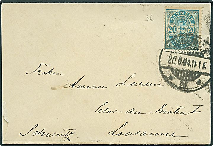20 øre Våben single på brev fra Kjøbenhavn d. 20.6.1894 til Lausanne, Schweiz.