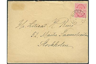 10 øre Våben anilinrød på brev annulleret med lapidar Middelfart d. 22.3.1887 via København til Stockholm, Sverige.