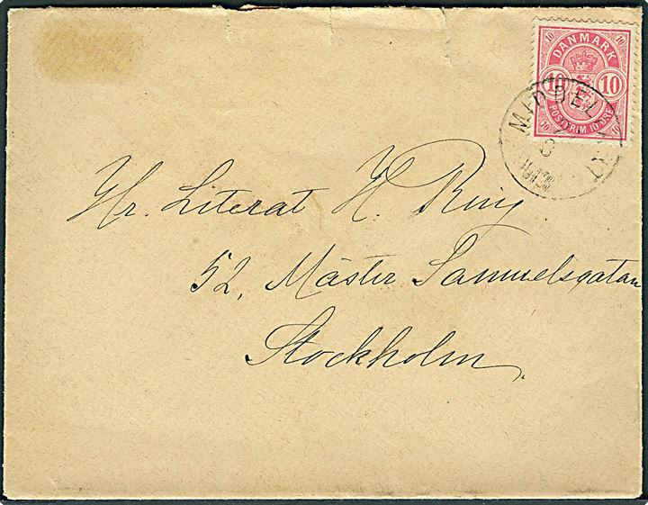 10 øre Våben anilinrød på brev annulleret med lapidar Middelfart d. 22.3.1887 via København til Stockholm, Sverige.