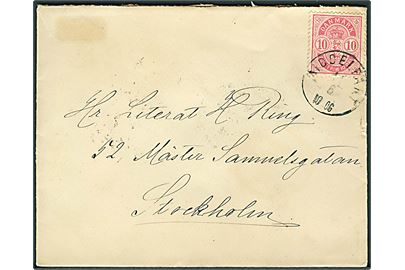 10 øre Våben anilinrød på brev annulleret med lapidar Middelfart d. 11.6.1887 via København til Stockholm, Sverige.