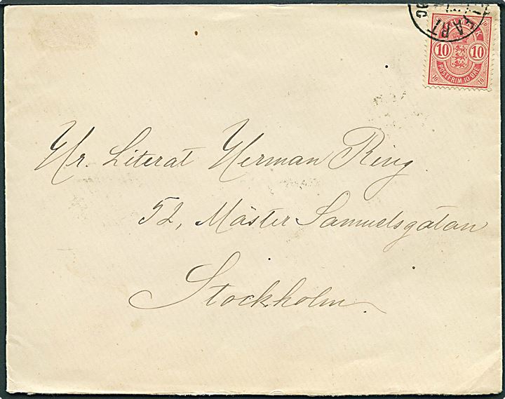 10 øre Våben på brev fra Middelfart d. x.9.1886 via Kjøbenhavn til Stockholm, Sverige.
