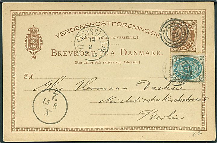 6 øre helsagsbrevkort opfrankeret med 4 øre Tofarvet fra Frederikshavn annulleret med nr.stempel 124 og sidestemplet lapidar Vendsyssel J.PK. d. 14.8.1883 til Berlin, Tyskland.