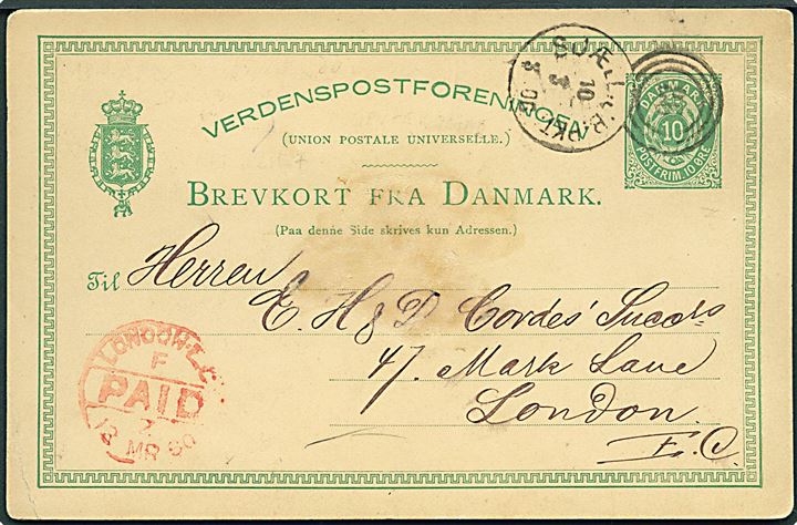 10 øre helsagsbrevkort fra Kjøbenhavn annulleret med kombineret nr.stempel 86/Sjæll:JB:PKT: d. 10.3.1880 til London, England.