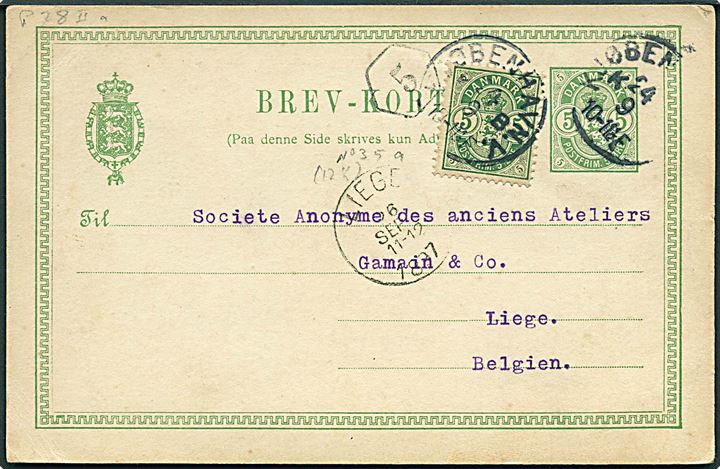 5 øre Våben helsagsbrevkort opfrankeret med 5 øre Våben fra Kjøbenhavn d. 24.9.1897 til Liege, Belgien.