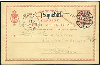 10 øre Våben helsagsbrevkort fra Kjøbenhavn annulleret med tysk stempel Kiel d. 8.8.1896 og sidestemplet Paquebot til Berlin, Tyskland.