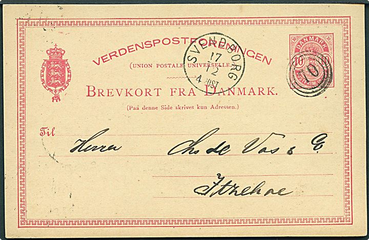 10 øre Våben helsagsbrevkort annulleret med nr.stempel 70 og sidestemplet lapidar Svendborg d. 17.12.1883 via Nyborg til Itzehoe, Tyskland.