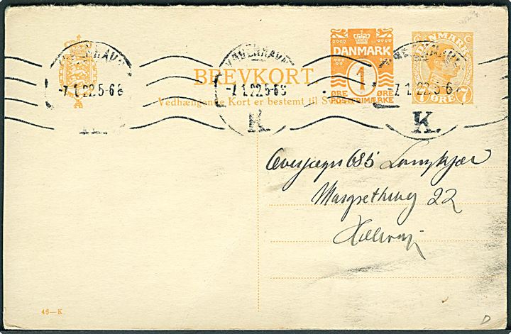 7+1 øre provisorisk spørgedel af dobbelt helsagsbrevkort sendt lokalt i Kjøbenhavn d. 7.1.1922. På bagsiden fortrykt meddelelse fra Kongens Livjæger Korps.