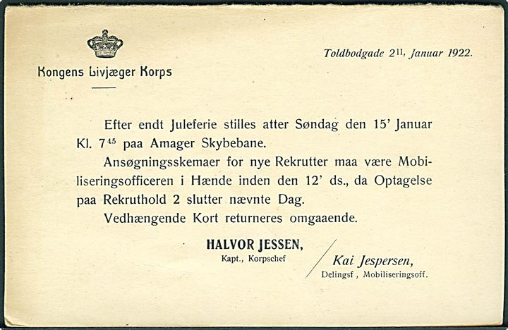7+1 øre provisorisk spørgedel af dobbelt helsagsbrevkort sendt lokalt i Kjøbenhavn d. 7.1.1922. På bagsiden fortrykt meddelelse fra Kongens Livjæger Korps.
