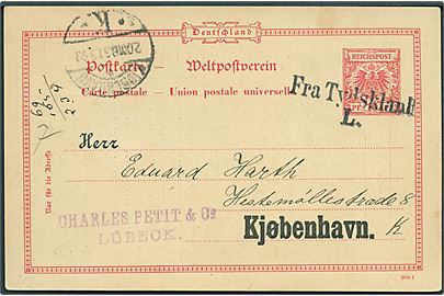 10 pfg. helsagsbrevkort fra Lübeck annulleret med skibsstempel Fra Tydskland L. og sidestemplet Kjøbenhavn K. d. 31.5.1899 til Kjøbenhavn, Danmark.
