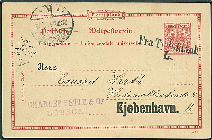 10 pfg. helsagsbrevkort fra Lübeck annulleret med skibsstempel Fra Tydskland L. og sidestemplet Kjøbenhavn K. d. 31.5.1899 til Kjøbenhavn, Danmark.