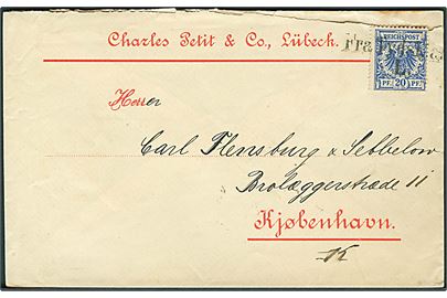 20 pfg. Adler på brev fra Lübeck annulleret med skibsstempel Fra Tydskland L. til Kjøbenhavn, Danmark. Ank.stemplet K. OMB. 2 d. 25.7.1893.