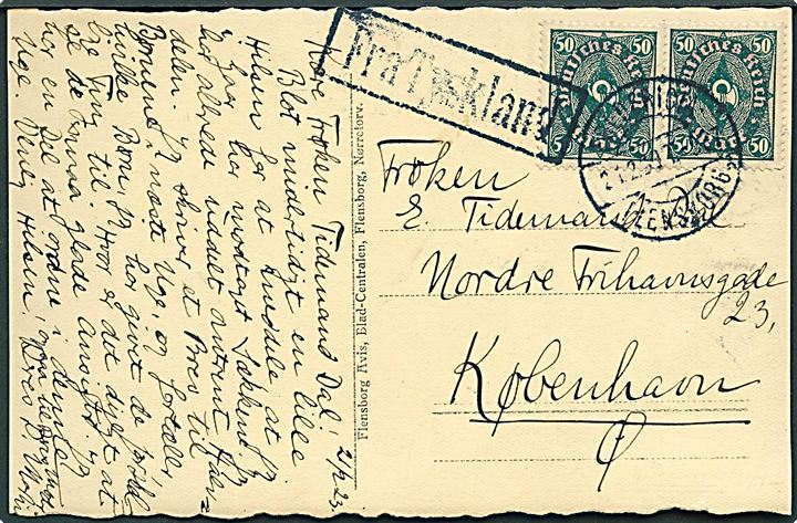 50 pfg. (2) Infla udg. på brevkort fra Flensburg annulleret med dansk bureaustempel Fredericia - Flensborg sn6 T.917 d. 21.2.1921 og sidestemplet Fra Tyskland til København, Danmark.