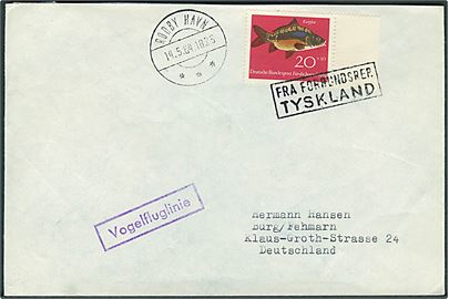 20+10 pfg. Fisk på brev annulleret med skibsstempel Fra Forbundsrep. Tyskland og sidestemplet Rødby Havn d. 14.5.1964 til Burg,am Fehmarn, Tyskland. 