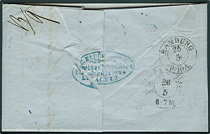 1856. Ufrankeret portobrev stemplet Aachen d. 24.5.1856 via Hamburg til Sjællandske Jernbane Selskab i København, Danmark. Flere portopåtegninger.