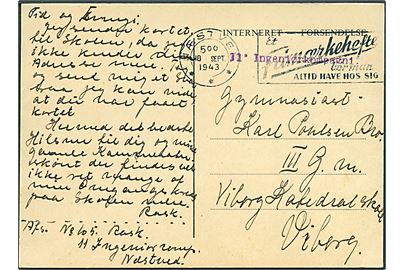 Ufrankeret fortrykt Interneret Forsendelse brevkort fra Næstved d. 18.9.1943 til Viborg. Violet liniestempel: 11' Ingeniørkompagni.