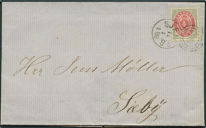 4 sk. Tofarvet på brev fra Kjøbenhavn annulleret med kombineret nr.stempel 181/Sjæll.P.B. d. 11.4.1871 til Sæby.