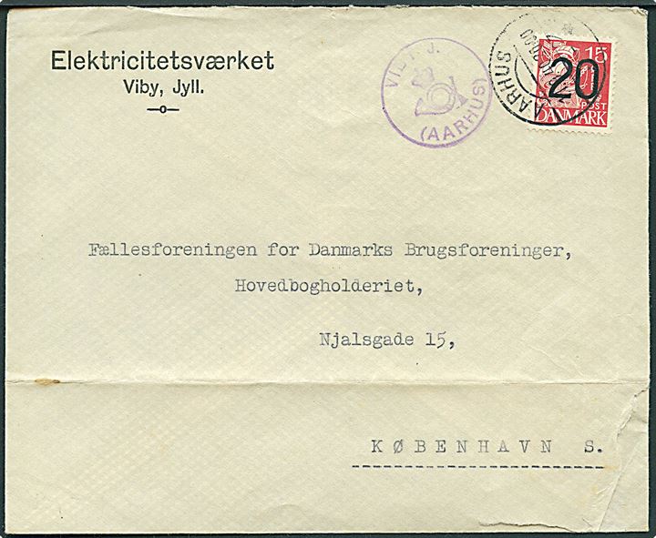 20/15 øre Provisorium på brev stemplet Aarhus d. 11.9.1940 og sidestemplet med posthornstempel VIBY J. (AARHUS) til København.