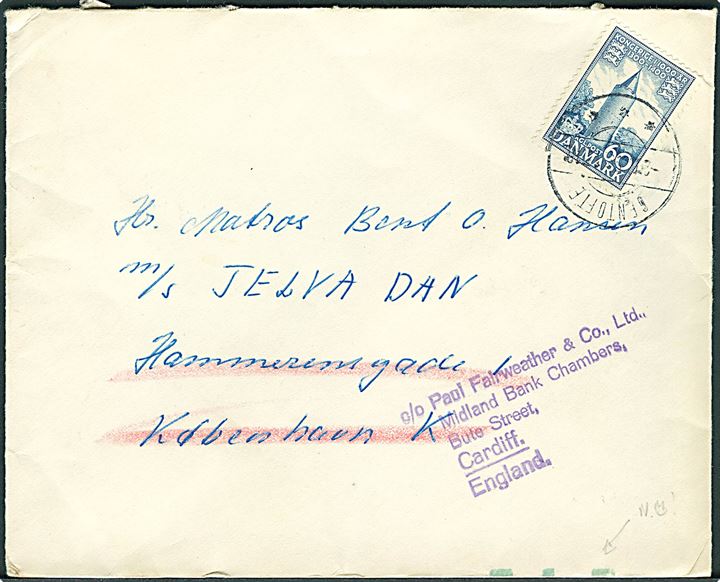 60 øre 1000 års udg. på brev fra Gentofte 1959 til sømand ombord på M/S Jelva Dan via rederiadresse i København - eftersendt til Cardiff, England. Grønne omdelingskontrolstreger.