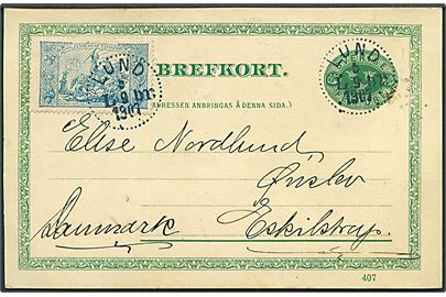 5 öre helsagsbrevkort med anti-Tuberkulose mærke fra Lund d. 5.9.1907 til Eskilstrup, Danmark.