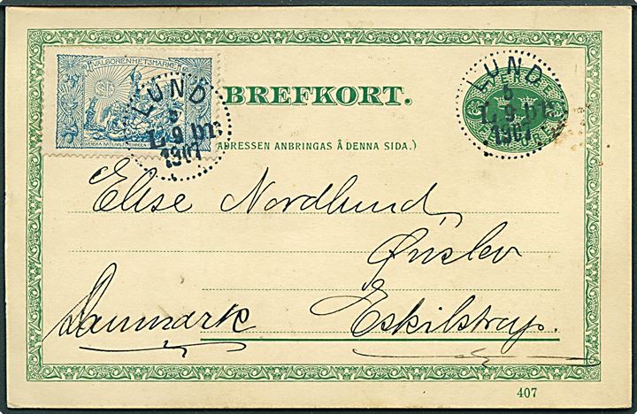 5 öre helsagsbrevkort med anti-Tuberkulose mærke fra Lund d. 5.9.1907 til Eskilstrup, Danmark.