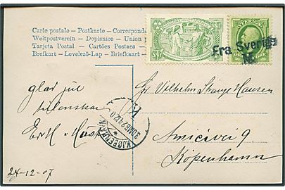 5 öre Oscar og anti-Tuberkulose mærke på brevkort annulleret med skibsstempel Fra Sverige M. og sidestemplet Kjøbenhavn K. d. 24.12.1907 til København, Danmark.