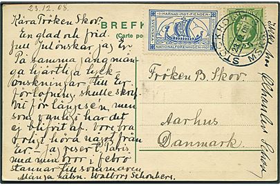 5 öre Oscar og anti-Tuberkulose mærkat på brevkort fra Stockholm d. 23.12.1908 til Aarhus, Danmark.
