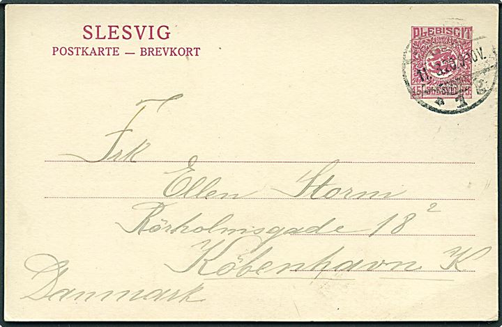 15 pfg. Fælles udg. helsagsbrevkort fra Flensburg d. 11.3.1920 til København.