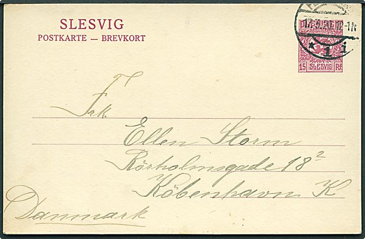 15 pfg. Fælles udg. helsagsbrevkort fra Flensburg d. 17.3.1920 til København.