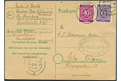 6 pfg. og 40 pfg. Ciffer på brevkort fra Itzehoe d. 25.6.1946 til Oslo, Norge.