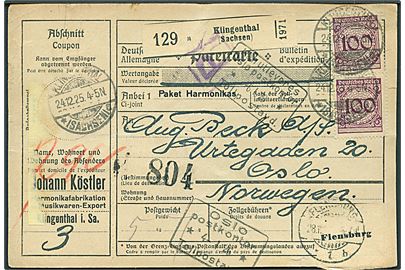 40 pfg. Adler, 50 pfg. og 100 pfg. ((par) Ciffer på for- og bagside af internationalt adressekort for pakke fra Klingenthal d. 24.12.1925 via Flensburg til Oslo, Norge.
