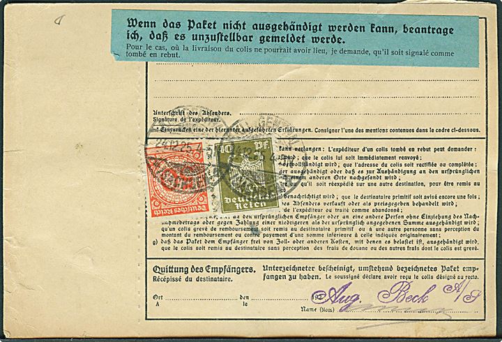 40 pfg. Adler, 50 pfg. og 100 pfg. ((par) Ciffer på for- og bagside af internationalt adressekort for pakke fra Klingenthal d. 24.12.1925 via Flensburg til Oslo, Norge.