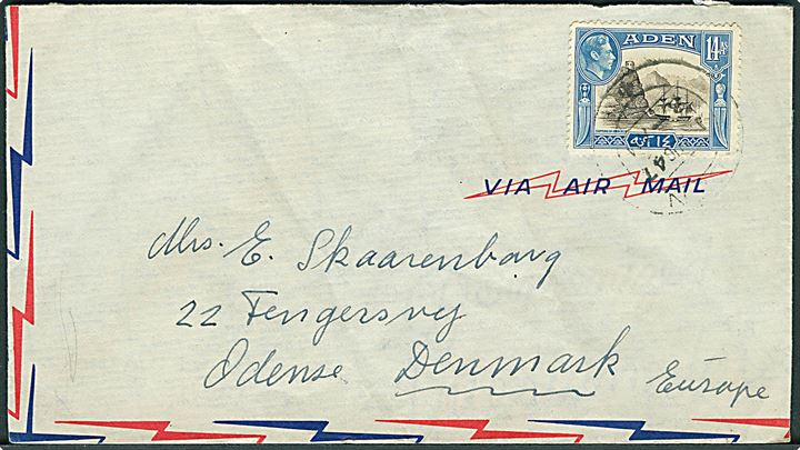 14 as. George VI på luftpostbrev fra Aden d. 11.8.1947 til Odense, Danmark.