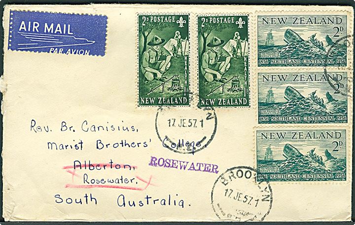 2d Southland (3) og 2d Spejder (2) på luftpostbrev fra Brooklyn d. 17.6.1957 til Rosewater, Australien.