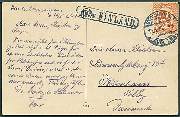 1 mk. Løve på brevkort (S/S Torneå) dateret den finske skærgård annulleret med svensk stempel i Stockholm d. 17.5.1926 og sidestemplet Från Finland til København, Danmark.