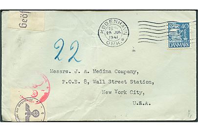 40 øre Karavel på brev fra København d. 25.6.1941 til New York, USA. Åbnet af tysk censur i Berlin.