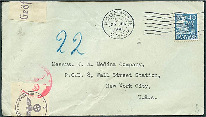 40 øre Karavel på brev fra København d. 25.6.1941 til New York, USA. Åbnet af tysk censur i Berlin.
