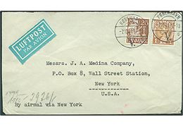 25 øre Karavel og 1 kr. Chr. X på luftpostbrev fra København d. 7.10.1941 til New York, USA. Påskrevet: By airmail via New York. Åbnet af tysk censur i Frankfurt.