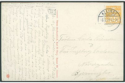 10 øre Bølgelinie på brevkort annulleret med brotype Ic Allinge d. 8.8.1934 til Bjerringbro.
