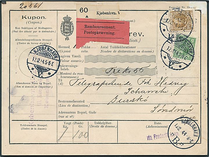 5 øre Chr. X og 100 øre Fr. VIII på internationalt adressekort for pakke med opkrævning fra Kjøbenhavn d. 12.12.1914 til Gurskø, Sundmør, Norge. Interessant liniestempel: via Frederikshavn.