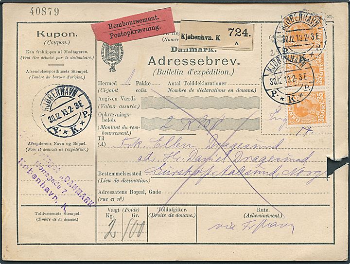 35 øre Chr. X i 3-stribe på internationalt adressekort for pakke med opkrævning fra Kjøbenhavn d. 30.12.1913 til Gurskø pr. Aalesund, Norge. Rift i højre side.