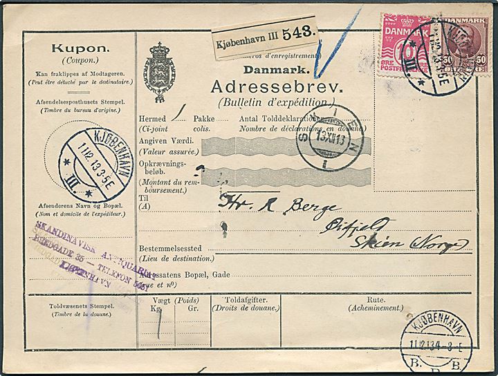 10 øre Bølgelinie og 50 øre Fr. VIII på internationalt adressekort for pakke fra Kjøbenhavn d. 11.12.1913 til Øifjell pr. Skien, Norge.