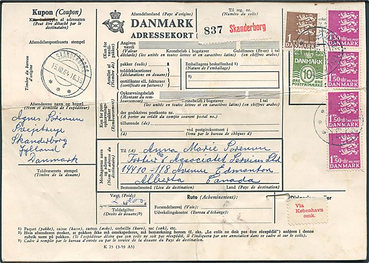 10 øre Bølgelinie, 1 kr. og 1,50 kr. (4) Rigsvåben på internationalt adressekort for pakke fra Skanderborg d. 15.10.1964 til Edmonton, Canada.