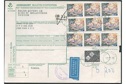 4 kr. Svenska Mynt og 10 kr. (9) Gåslisa på internationalt adressekort for luftpostpakke fra Sollentuna d. 19.6.1979 til Hong Kong.