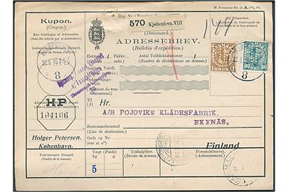 80 øre og 1 kr. Chr. X med perfin HP på internationalt adressekort for pakke fra firma Holger Petersen stemplet Kjøbenhavn 8 d. 26.6.1916 til Ekenäs, Finland.